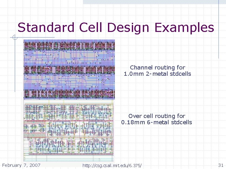 Standard Cell Design Examples Channel routing for 1. 0 mm 2 -metal stdcells Over