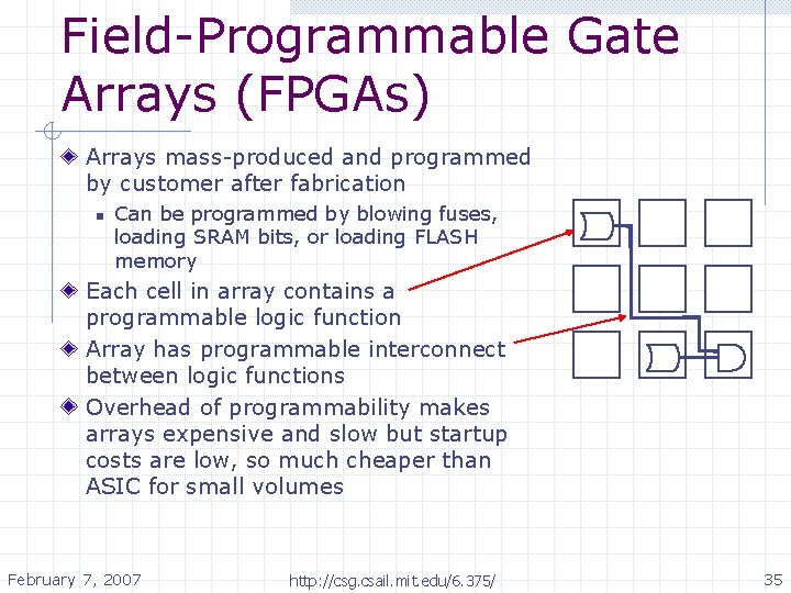 Field-Programmable Gate Arrays (FPGAs) Arrays mass-produced and programmed by customer after fabrication n Can