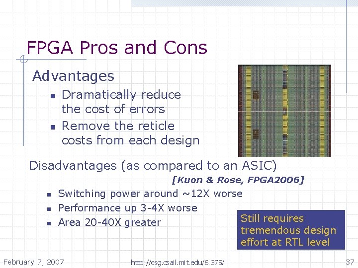 FPGA Pros and Cons Advantages n n Dramatically reduce the cost of errors Remove