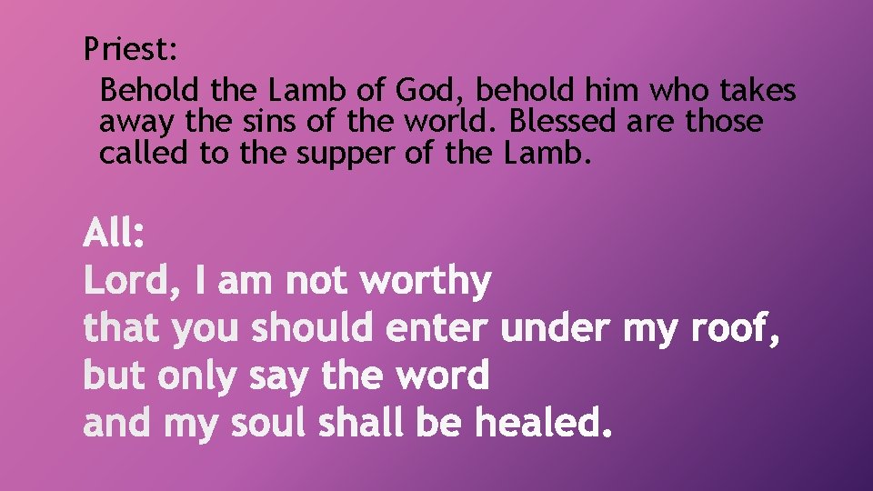 Priest: Behold the Lamb of God, behold him who takes away the sins of