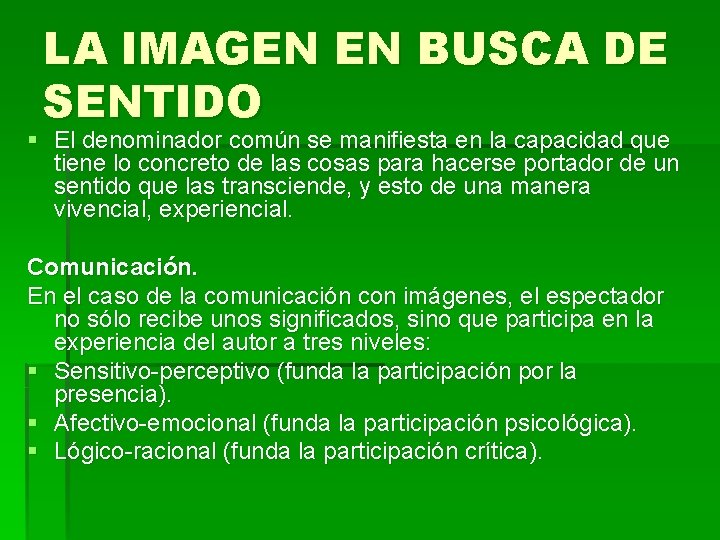 LA IMAGEN EN BUSCA DE SENTIDO § El denominador común se manifiesta en la