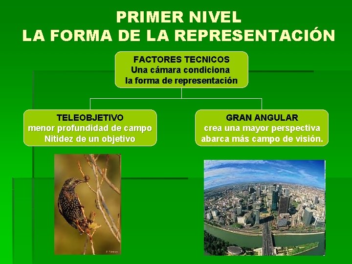 PRIMER NIVEL LA FORMA DE LA REPRESENTACIÓN FACTORES TECNICOS Una cámara condiciona la forma