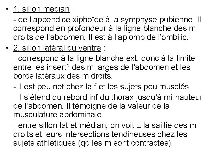  • 1. sillon médian : - de l’appendice xiphoïde à la symphyse pubienne.