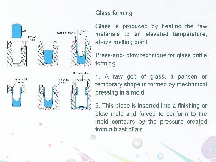 Glass forming: Glass is produced by heating the raw materials to an elevated temperature,