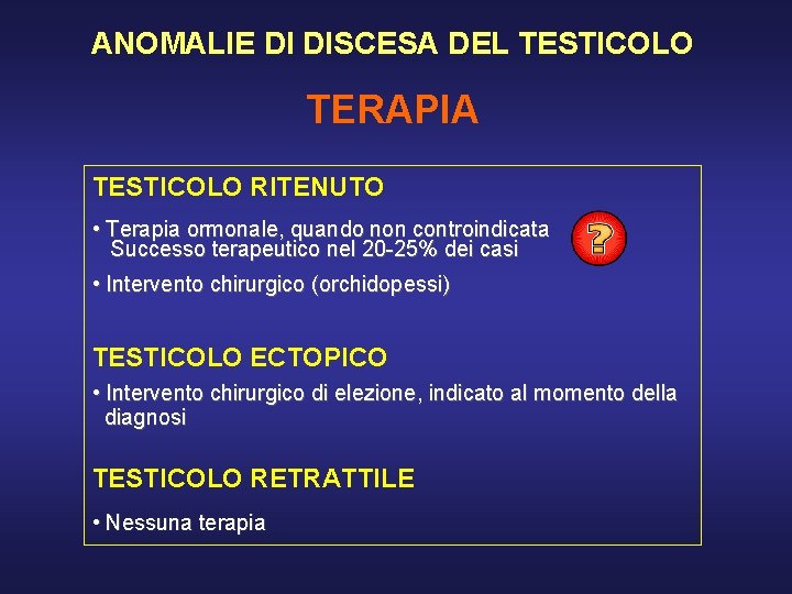 ANOMALIE DI DISCESA DEL TESTICOLO TERAPIA TESTICOLO RITENUTO • Terapia ormonale, quando non controindicata