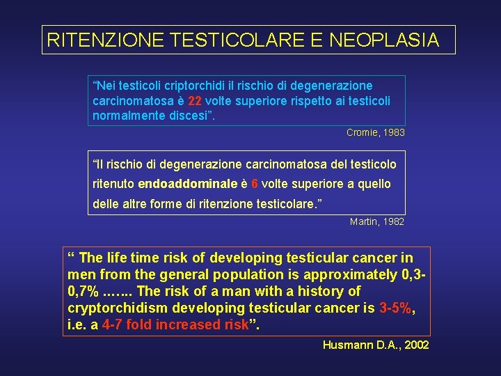 RITENZIONE TESTICOLARE E NEOPLASIA “Nei testicoli criptorchidi il rischio di degenerazione carcinomatosa è 22