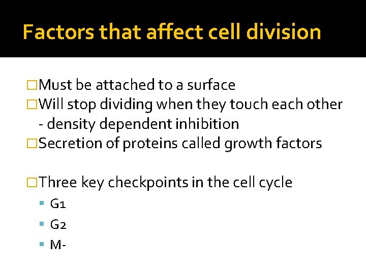 Factors that affect cell division �Must be attached to a surface �Will stop dividing