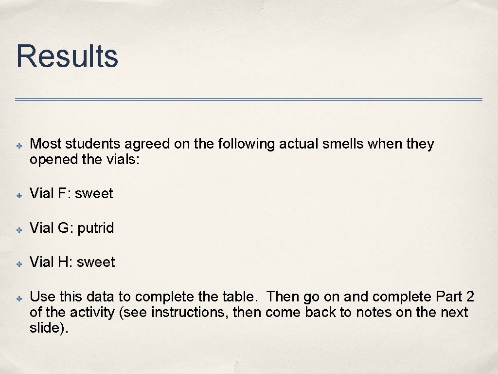Results ✤ Most students agreed on the following actual smells when they opened the