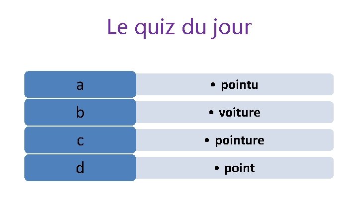 Le quiz du jour a • pointu b • voiture c • pointure d