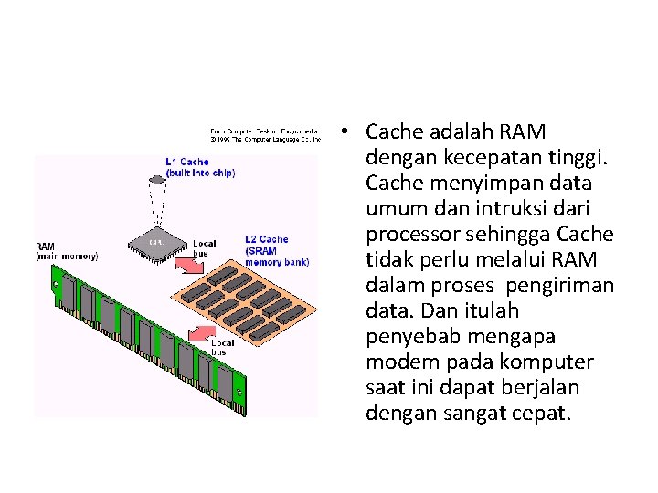  • Cache adalah RAM dengan kecepatan tinggi. Cache menyimpan data umum dan intruksi