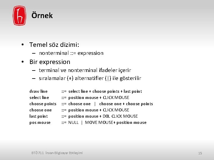 Örnek • Temel söz dizimi: – nonterminal : : = expression • Bir expression