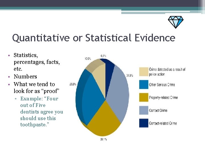 Quantitative or Statistical Evidence • Statistics, percentages, facts, etc. • Numbers • What we