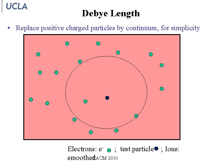 Debye Length • Replace positive charged particles by continuum, for simplicity Electrons: e; test