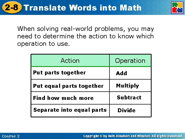 2 -8 Translate Words into Math When solving real-world problems, you may need to 2 -8 Translate Words into Math When solving real-world problems, you may need to