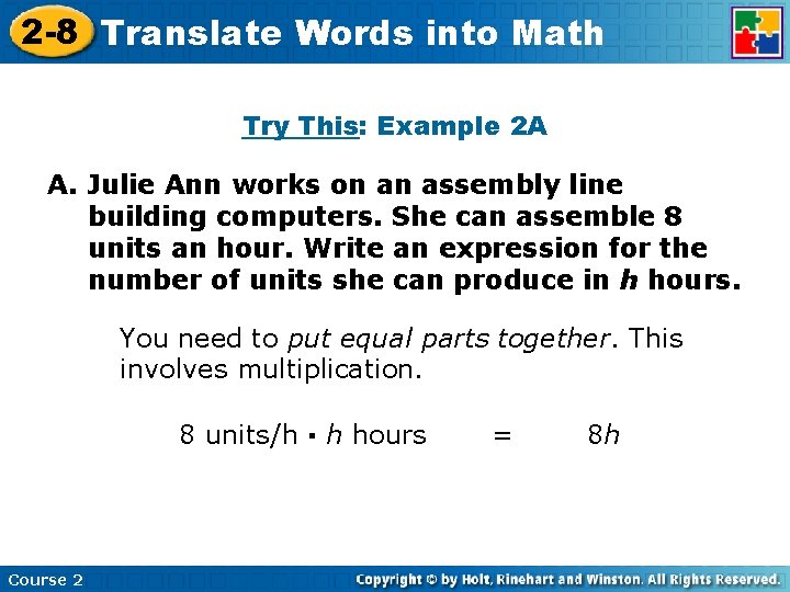 2 -8 Translate Insert Lesson Title Here Words into Math Try This: Example 2 2 -8 Translate Insert Lesson Title Here Words into Math Try This: Example 2