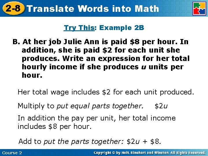 2 -8 Translate Insert Lesson Title Here Words into Math Try This: Example 2 2 -8 Translate Insert Lesson Title Here Words into Math Try This: Example 2
