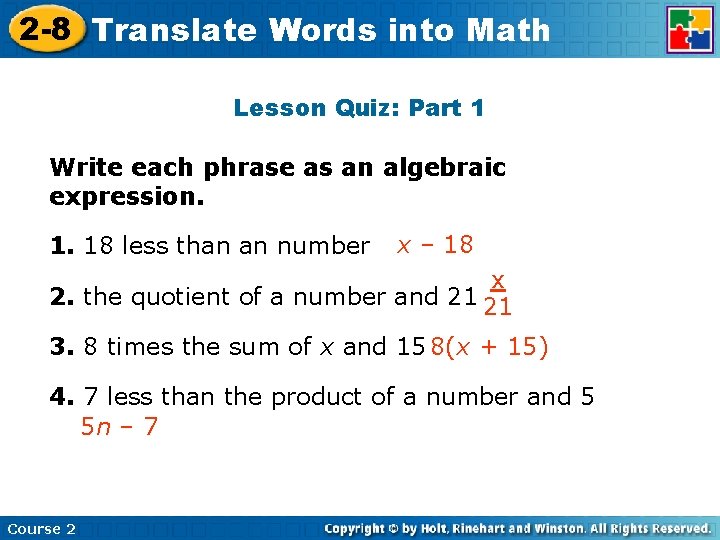 2 -8 Translate Insert Lesson Words Title into Here Math Lesson Quiz: Part 1 2 -8 Translate Insert Lesson Words Title into Here Math Lesson Quiz: Part 1