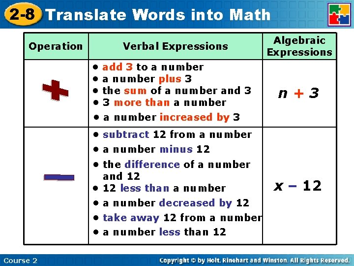 2 -8 Translate Words into Math Operation Verbal Expressions • add 3 to a 2 -8 Translate Words into Math Operation Verbal Expressions • add 3 to a