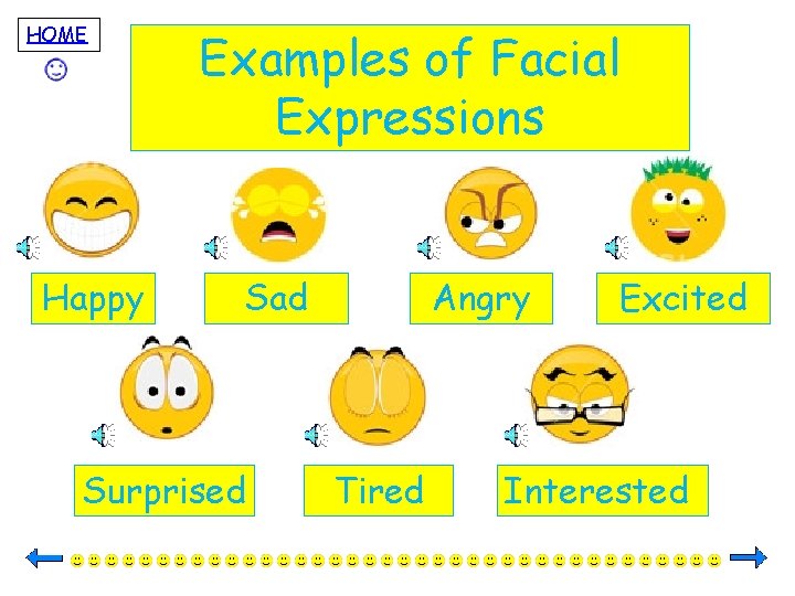 HOME Happy Examples of Facial Expressions Sad Surprised Angry Tired Excited Interested 