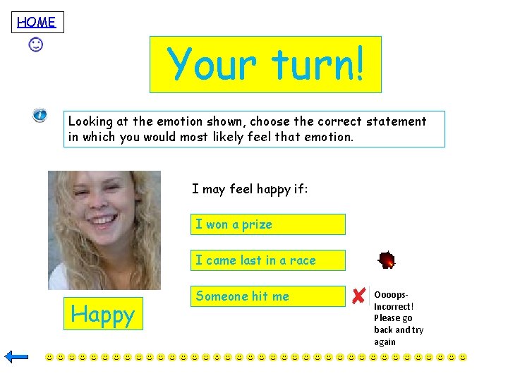 HOME Your turn! Looking at the emotion shown, choose the correct statement in which