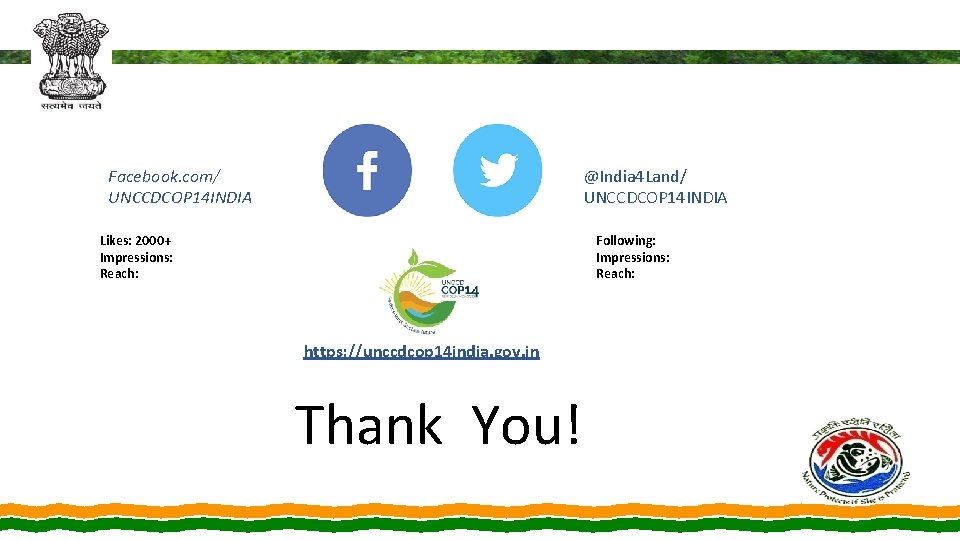 Facebook. com/ UNCCDCOP 14 INDIA Likes: 2000+ Impressions: Reach: @India 4 Land/ UNCCDCOP 14