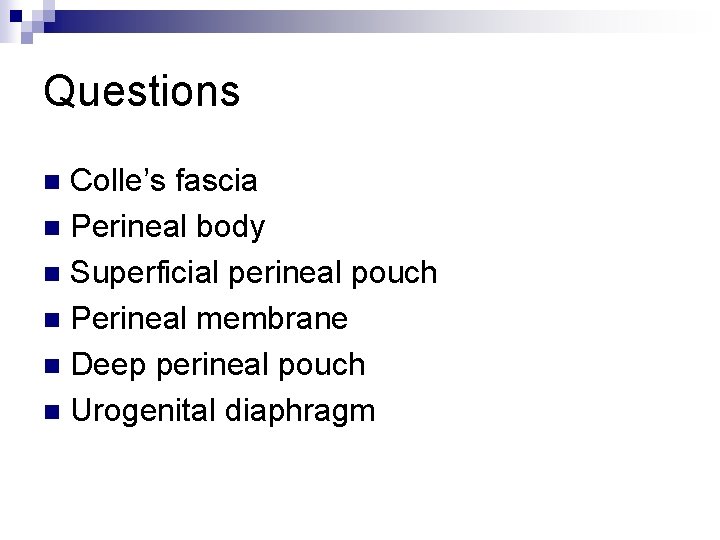 Questions Colle’s fascia n Perineal body n Superficial perineal pouch n Perineal membrane n