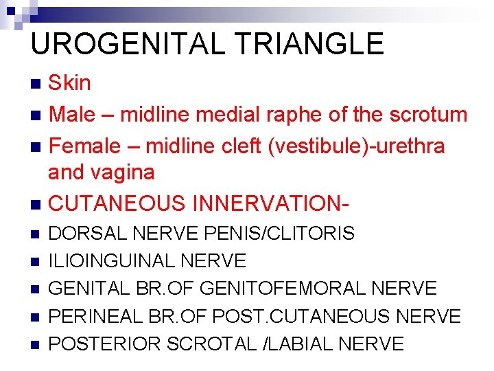 UROGENITAL TRIANGLE Skin n Male – midline medial raphe of the scrotum n Female