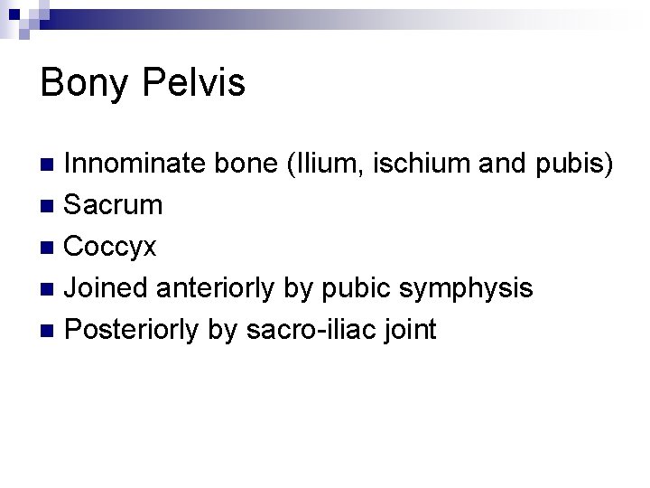 Bony Pelvis Innominate bone (Ilium, ischium and pubis) n Sacrum n Coccyx n Joined