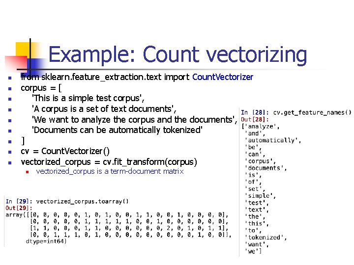 Example: Count vectorizing n n n n n from sklearn. feature_extraction. text import Count.