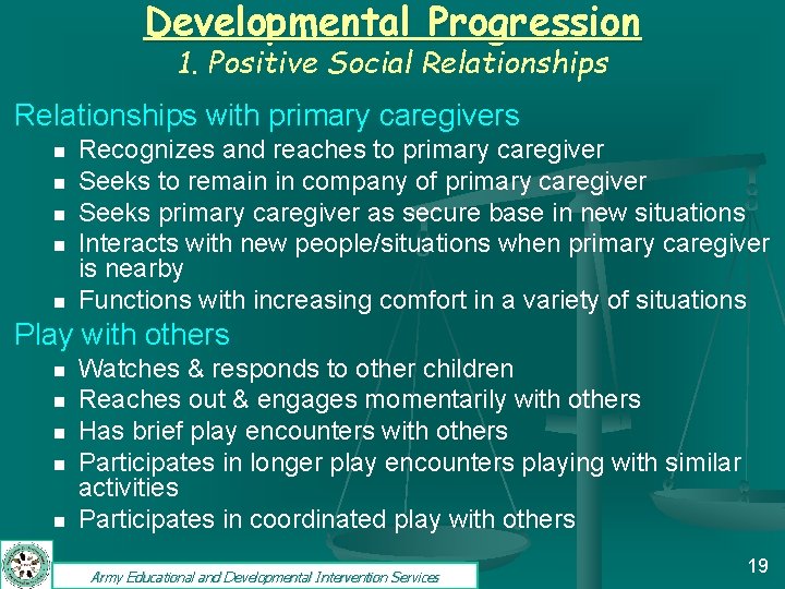 Developmental Progression 1. Positive Social Relationships with primary caregivers n n n Recognizes and