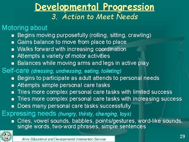 Developmental Progression 3. Action to Meet Needs Motoring about n n n Begins moving