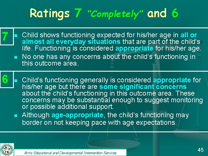 Ratings 7 7 n n 6 n n “Completely” and 6 Child shows functioning