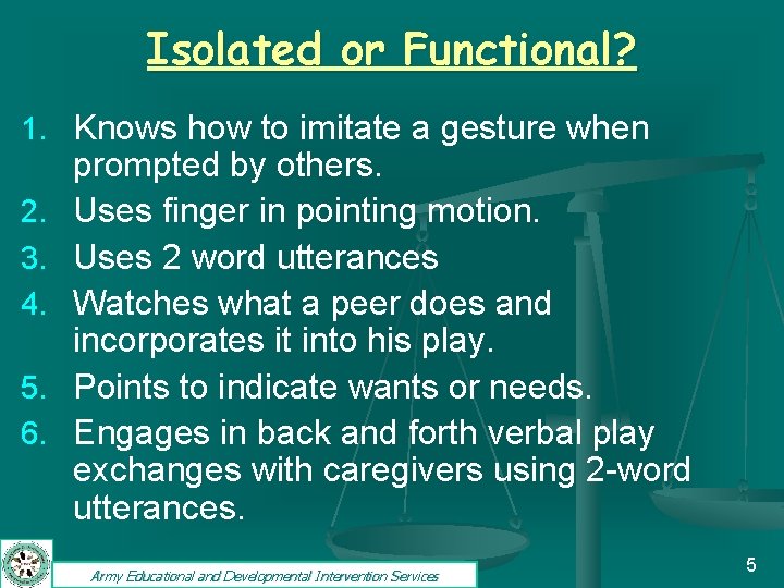 Isolated or Functional? 1. Knows how to imitate a gesture when 2. 3. 4.