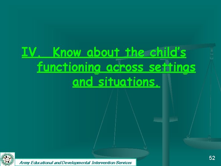 IV. Know about the child’s functioning across settings and situations. Army Educational and Developmental