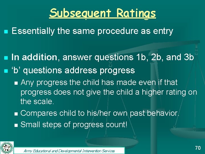 Subsequent Ratings n Essentially the same procedure as entry n In addition, answer questions