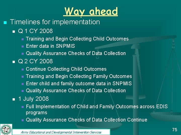 Way ahead n Timelines for implementation n Q 1 CY 2008 n n Q