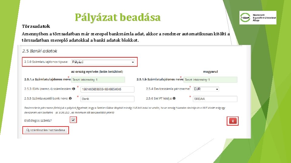 Törzsadatok Pályázat beadása Amennyiben a törzsadatban már szerepel bankszámla adat, akkor a rendszer automatikusan