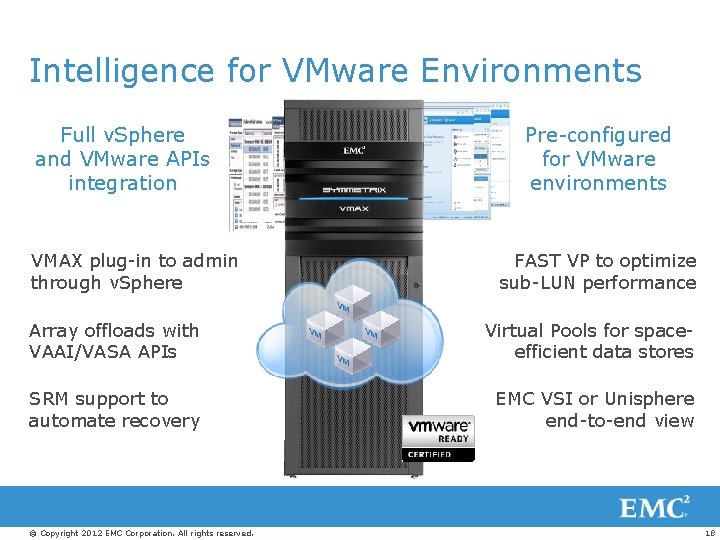 Intelligence for VMware Environments Full v. Sphere and VMware APIs integration VMAX plug-in to