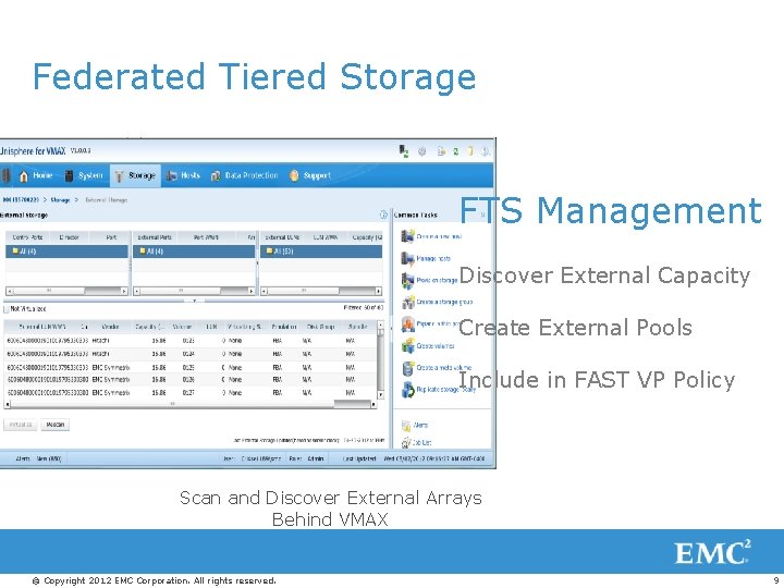 Federated Tiered Storage FTS Management Discover External Capacity Create External Pools Include in FAST