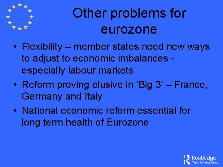 Other problems for eurozone • Flexibility – member states need new ways to adjust