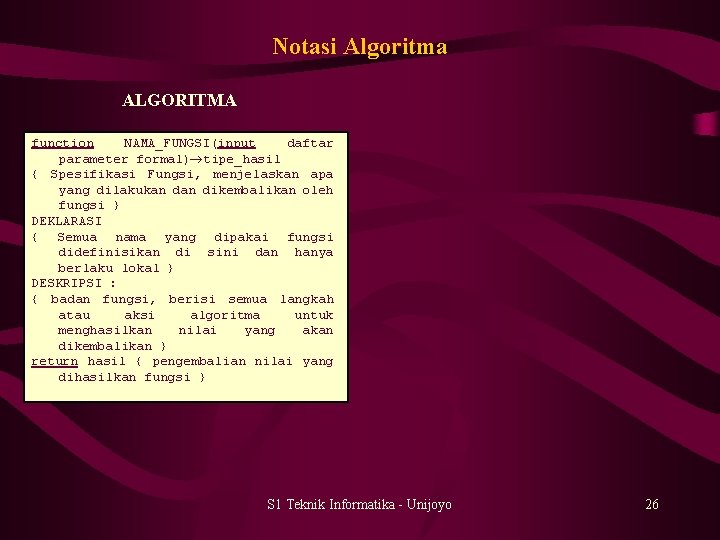 Notasi Algoritma ALGORITMA function NAMA_FUNGSI(input daftar parameter formal) tipe_hasil { Spesifikasi Fungsi, menjelaskan apa