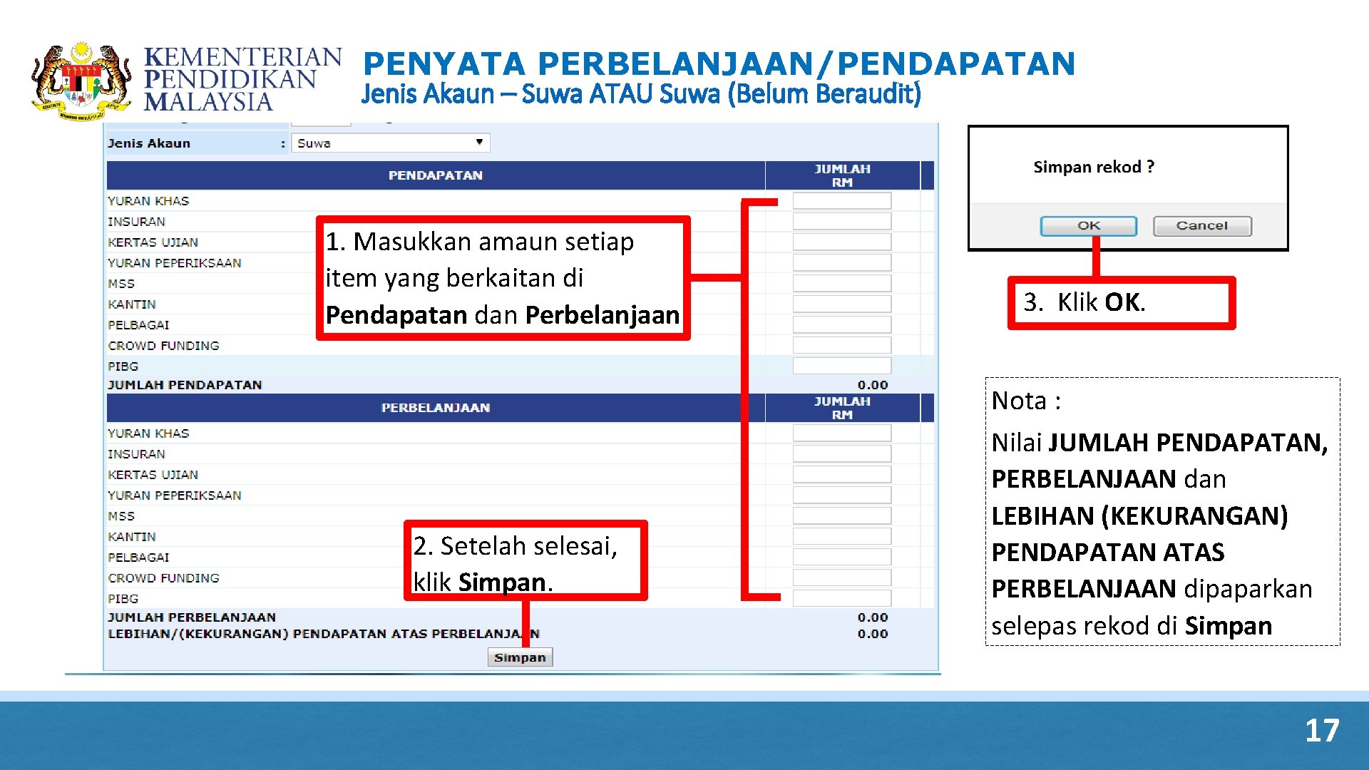 PENYATA PERBELANJAAN/PENDAPATAN Jenis Akaun – Suwa ATAU Suwa (Belum Beraudit) 1. Masukkan amaun setiap PENYATA PERBELANJAAN/PENDAPATAN Jenis Akaun – Suwa ATAU Suwa (Belum Beraudit) 1. Masukkan amaun setiap