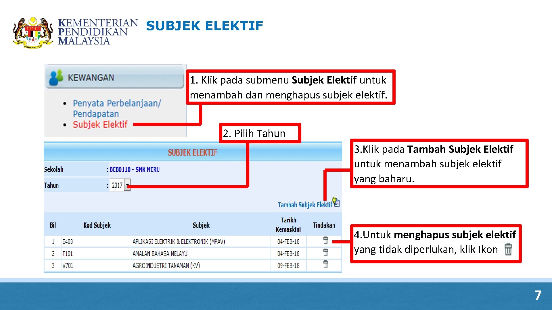 SUBJEK ELEKTIF 1. Klik pada submenu Subjek Elektif untuk menambah dan menghapus subjek elektif. SUBJEK ELEKTIF 1. Klik pada submenu Subjek Elektif untuk menambah dan menghapus subjek elektif.
