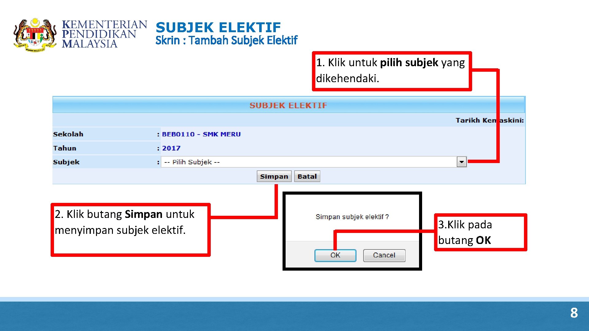 SUBJEK ELEKTIF Skrin : Tambah Subjek Elektif 1. Klik untuk pilih subjek yang dikehendaki. SUBJEK ELEKTIF Skrin : Tambah Subjek Elektif 1. Klik untuk pilih subjek yang dikehendaki.