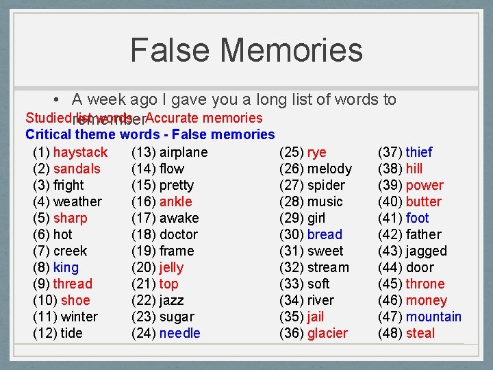 False Memories • A week ago I gave you a long list of words