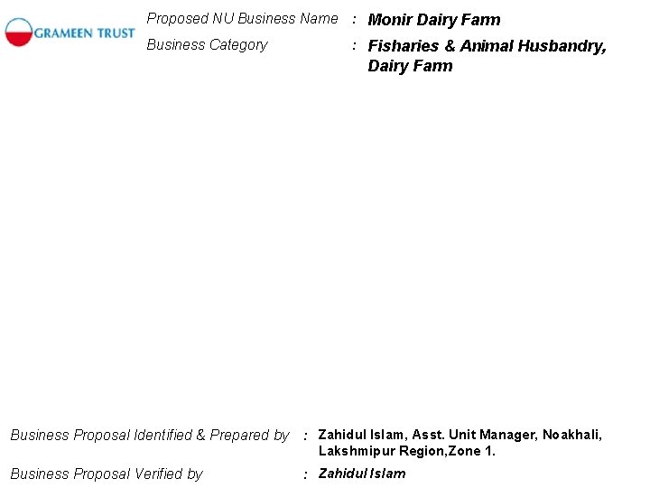 Proposed NU Business Name : Monir Dairy Farm Business Category : Fisharies & Animal
