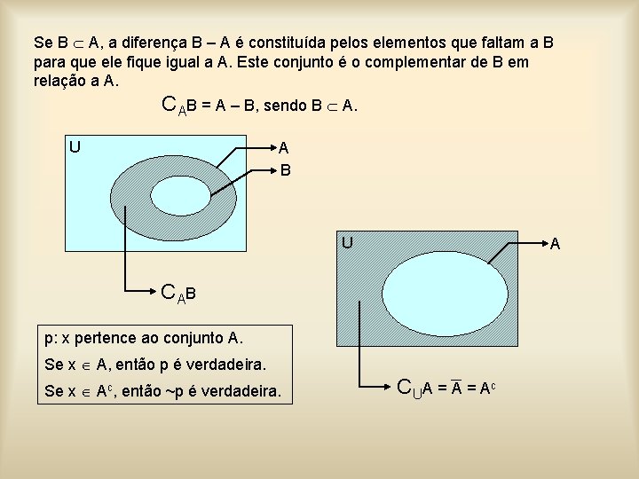 Se B A, a diferença B – A é constituída pelos elementos que faltam