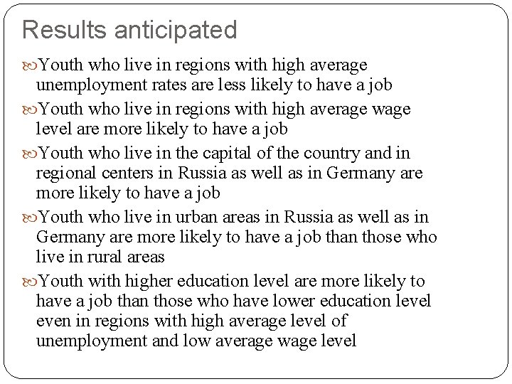 Results anticipated Youth who live in regions with high average unemployment rates are less