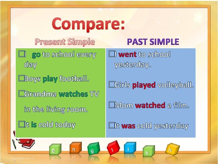 Compare: Present Simple I go to school every �I went to school �� I