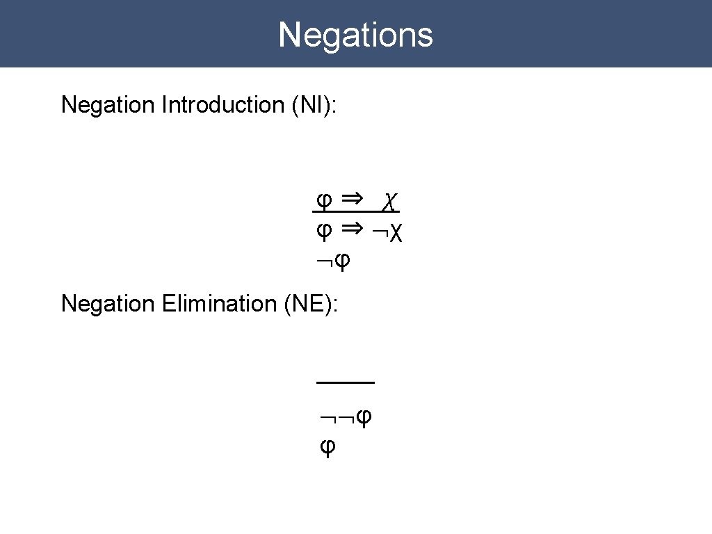 Negations Negation Introduction (NI): φ⇒ χ φ ⇒ Øχ Øφ Negation Elimination (NE): ØØφ Negations Negation Introduction (NI): φ⇒ χ φ ⇒ Øχ Øφ Negation Elimination (NE): ØØφ